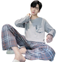 Pánské pyžamo dlouhý rukáv a kostkované kalhoty O výstřih Polyester Spandex Šedé pyžamo s nápisem western na kapsičce 4