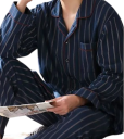 Pánske pyžamo set tričko s dlhým rukávom a nohavice Zapínanie na gombíky Kapsička Golier Pruhované Tmavomodré Polyester bavlna 1