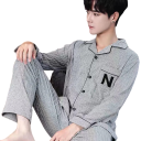 Pánské pyžamo triko dlouhý rukáv a kalhoty s límečkem Knoflíky a kapsička Polyester Světle šedé pruhované domácí pyžamo 3