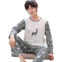 Pánské pyžamo triko s dlouhým rukávem a kalhoty Šedé s potiskem jelenů Pohodlný dvoudílný set Polyester spandex 1