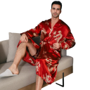 Pánske pyžamo župan dlhý s páskom vzor drak polyester elastan pohodlné domáce oblečenie na spanie aj relaxáciu 2