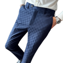 Pánské společenské kalhoty s kapsami Jednobarevné s jemnými kostičkami Elegantní rovný střih POLYESTER Stylové kalhoty pro muže do práce i na formální události 6