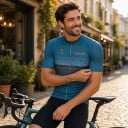 Pánský cyklistický dres s krátkým rukávem a zipem po celé délce s bílým a oranžovým kostičkovaným vzorem přes hruď v modré barvě 4