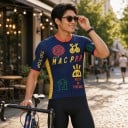 Pánský cyklistický dres s krátkým rukávem a zipem po celé délce s potiskem kreslených motivů a nápisů se síťovanými boky na kolo 3