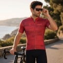 Pánský cyklistický dres s krátkým rukávem a zipem po celé délce s tónovaným vzorem proužků a obdélníků na kolo v červené barvě 4