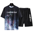 Pánsky set tričko a kraťasy Krátky rukáv Kulatý výstrih Barevný potisk Elastický pás Lehký polyester Voľný strih Čierna Na šport i von 1