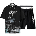 Pánsky set tričko a kraťasy Krátky rukáv Kulatý výstrih Grafický potisk Elastický pás Lehký polyester Voľný strih Čierna Na šport i von 1