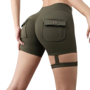 Pantalones cortos ajustados de cintura alta para mujer Bolsillos traseros con solapa Cintura elástica en el muslo Pantalones cortos 3