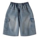 Pantalones cortos de mezclilla para niños con grandes bolsillos cargo y cintura elástica, pantalones cortos de mezclilla azules para chicos 3