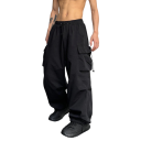 Pantaloni cargo negri de vară pentru bărbați, croială lată, talie elastică, material respirabil, croială lejeră, stil streetwear, buzunare 2
