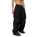 Pantaloni cargo negri de vară pentru bărbați, croială lată, talie elastică, material respirabil, croială lejeră, stil streetwear, buzunare 3