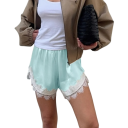 Pantaloni Corti Donna Alta Vita Larghi Monocromatici Pizzo Cotone Poliestere Estivi Comodi con Orlo in Pizzo 2