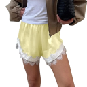 Pantaloni Corti Donna Alta Vita Larghi Monocromatici Pizzo Cotone Poliestere Estivi Comodi con Orlo in Pizzo 4