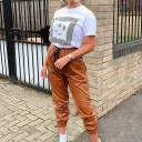 Pantaloni da donna con elastico in vita in ecopelle 4