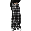 Pantaloni largi pentru femei, talie înaltă, în carouri, cu picior larg, drepți, eleganți, cu talie elastică 1