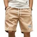 Pantaloni scurți din catifea reiată pentru bărbați, stil retro, casual, respirabili, cu talie elastică și șnur, până la genunchi, potrivire confortabilă 5