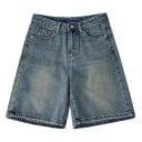 Pantaloni scurți din denim albastri pentru femei cu efect de decolorare, cu picioare largi și talie înaltă, pantaloni scurți din denim pentru vară 1