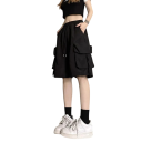 Pantaloni scurți lungi pentru femei cu talie înaltă, cu buzunare, croială lejeră, uni, din poliester, pantaloni scurți confortabili 1