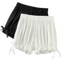 Pantaloni scurți pentru femei cu elastic și fundiță, plisati, uni, din poliester și poliamidă, tăietură ușoară, confortabilă și elegantă 3