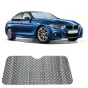 Parasol para el parabrisas del coche con corte para el espejo retrovisor Superficie plateada con brillo iridiscente Plegado en acordeón 2