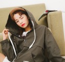 Parka de primavera para mulher em estilo japonês com capuz Zip no peito Bolso canguru Punhos e bainha elásticos Algodão poliéster 1