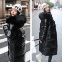 Parka feminina longa brilhante de inverno com pele na capuz Corte acolchoado abaixo do joelho Gola alta Bolsos laterais Enchimento com penas 2