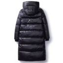 Parka feminina longa preta brilhante com capuz e colarinho alto Comprimento abaixo do joelho Punhos canelados Bolsos Poliéster com algodão e penas 3