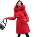 Parka lungă de iarnă pentru femei cu glugă și blăniță cu căptușeală din pluș și strângere în talie cu fermoar cu buzunare pentru frig 13