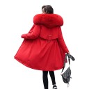 Parka lungă de iarnă pentru femei cu glugă și blăniță cu căptușeală din pluș și strângere în talie cu fermoar cu buzunare pentru frig 14