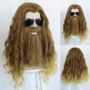 Paryksæt med skæg og overskæg, mørkere blond, lysebrun med blonde spidser, 56 cm, bølget syntetisk paryk, cosplay, karnevalskostume, teaterrekvisit 2