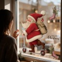 Pegatinas navideñas para ventana Reutilizables Santa Claus en patinete con saco Medias y copos de nieve dorados Decoración roja para escaparate 5