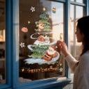 Pegatinas navideñas para ventanas Árbol con casa nevada Santa en trineo y reno Inscripción Merry Christmas Regalos y estrellas Para Navidad 4