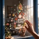 Pegatinas navideñas para ventanas Reutilizables Árbol de Navidad con adornos de Santa y aldea nevada Inscripción Feliz Navidad Para la Navidad 2