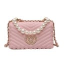 Pequena mala de senhora crossbody com aba Alça de pérolas Corrente de ombro Coração decorativo com pedras PU pele acolchoada 19,5 x 12 x 8,5 cm 5
