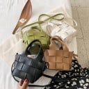 Petit sac à main pour femmes en simili cuir avec motif tressé Forme de panier Poignées courtes et longue bandoulière avec cordon de serrage 5
