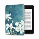 Petrolej flip cover 6 tommer til Kindle 10. generation 2019 med malede hvide magnolia blomster og med håndledsrem samt folie 1
