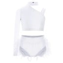 Pige danse sæt med sten og fjer, asymmetrisk top med én ærme og trusser, polyester og elastan, kostume til jazz og moderne dans 2
