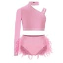 Pige danse sæt med sten og fjer, asymmetrisk top med én ærme og trusser, polyester og elastan, kostume til jazz og moderne dans 3