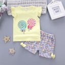 Pigersæt - T-shirt med slikkepinde og shorts med blomster J2493 9
