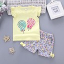 Pigersæt - T-shirt med slikkepinde og shorts med blomster J2493 16