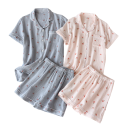 Pijama de algodón para mujer con mangas cortas y cuello Conjunto de un solo color con motivo de durazno Camisa de botones y pantalones cortos 9