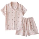 Pijama de algodón para mujer con mangas cortas y cuello Conjunto de un solo color con motivo de durazno Camisa de botones y pantalones cortos 10
