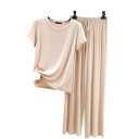 Pijama de dama de modal y spandex Conjunto de un solo color con camiseta de manga corta y escote en O Pantalones largos cómodos 4