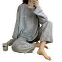 Pijama de invierno de mujer de felpa de poliéster y spandex Conjunto cálido de un solo color con manga larga y pantalones Talla universal 11