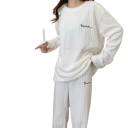 Pijama de invierno de mujer de felpa de poliéster y spandex Conjunto cálido de un solo color con manga larga y pantalones Talla universal 15