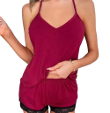Pijama de mujer con borde de encaje y espalda de encaje Top con escote en V y pantalones cortos Conjunto de un solo color de poliéster y spandex Varios colores 12