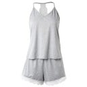 Pijama de mujer con borde de encaje y espalda de encaje Top con escote en V y pantalones cortos Conjunto de un solo color de poliéster 14