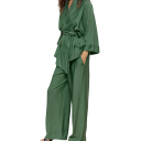 Pijama de mujer con camiseta de bata atada y pantalones Conjunto verde de algodón y nylon con manga larga para comodidad y elegancia 6