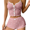 Pijama de mujer con estampado de corazones Conjunto de un solo color con lazo Camiseta con escote en V y pantalones cortos Conjunto cómodo de poliéster y spandex 2