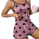 Pijama de mujer con estampado de corazones Conjunto de un solo color con top y pantalones cortos Poliéster ligero Ropa de noche cómoda Varios colores 2